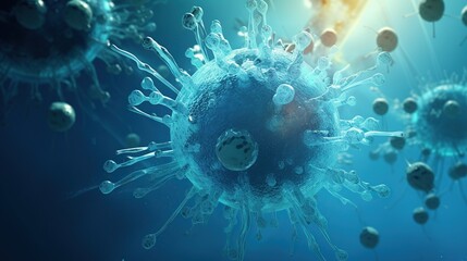 Coronavirus cell in blue color background. - obrazy, fototapety, plakaty