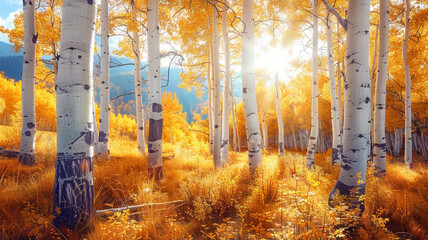 Peaceful aspen tree grove with golden leaves shimmering in the autumn sun.
