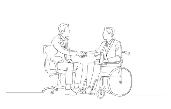 recommend clip art: Continuous one line drawing of businessman employer handshaking with new disabled employee on wheelchair, employment of disabled person concept, single line art.