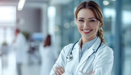 Femmes médecin souriante qui croise les bras dans un hospital - obrazy, fototapety, plakaty