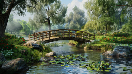 Peaceful countryside scene with a charming wooden bridge over a meandering river. - obrazy, fototapety, plakaty