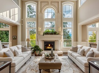 Beautiful luxury living room in a new traditional home with a fireplace, large windows and high ceilings
