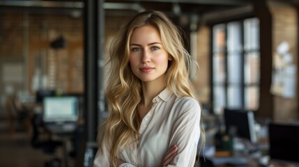 A woman with long blonde hair standing in an office, AI