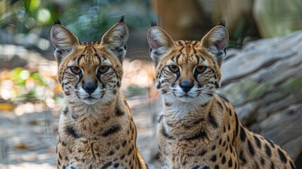 Male serval and serval kitten portrait with space for text, object on right side