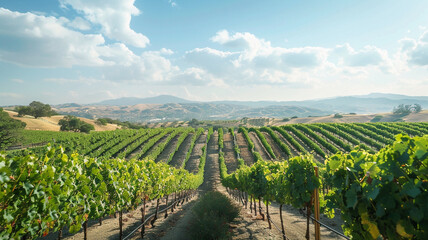 Picturesque vineyard with rows of grapevines stretching towards the horizon.