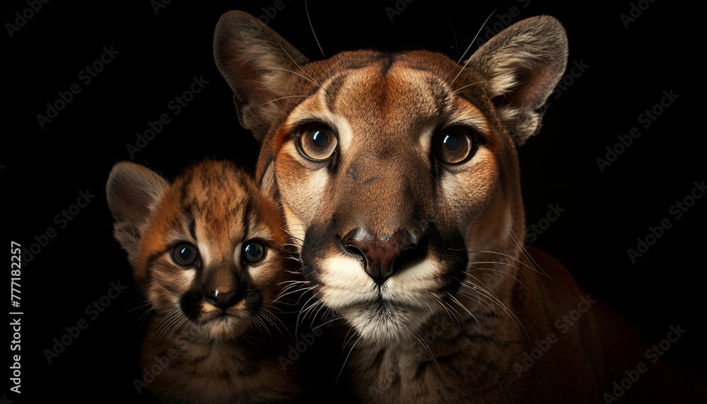 Poster male puma and cub portrait with text space, object to the side for versatile captions