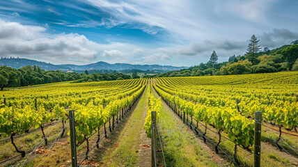 Picturesque vineyard with rows of grapevines stretching towards the horizon.
