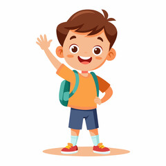 Generate an image of a happy child waving goodbye to their parents, ready for school, with a school bag 