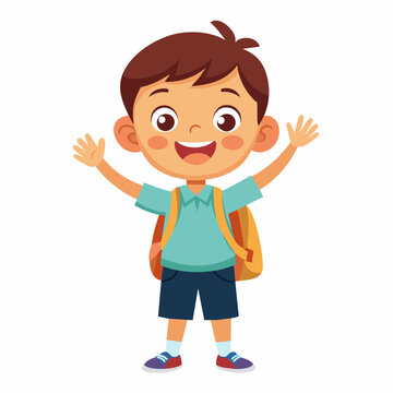 Generate an image of a happy child waving goodbye to their parents, ready for school, with a school bag 