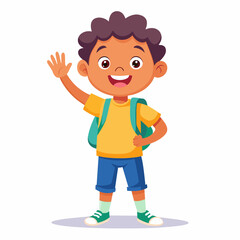 Generate an image of a happy child waving goodbye to their parents, ready for school, with a school bag 