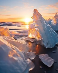 Ice hummocks on the shore of Lake Baikal at sunset - obrazy, fototapety, plakaty