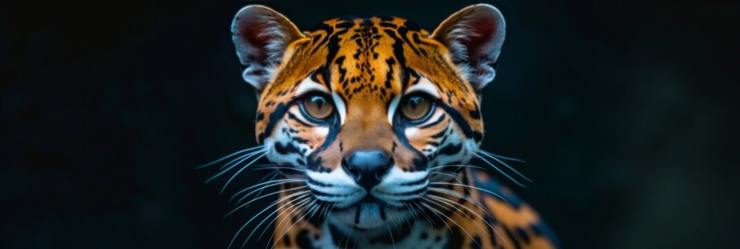 Male ocelot and cute kitten portrait with ample space on the left for customizable text