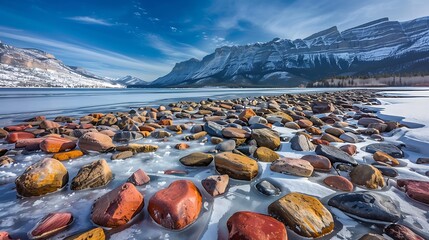 A view of the colourful rocks at Driftwood beach from across a frozen Waterton Lakes in the winter - obrazy, fototapety, plakaty