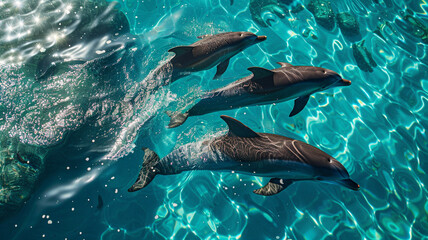 Playful dolphins leaping through crystal-clear waters.