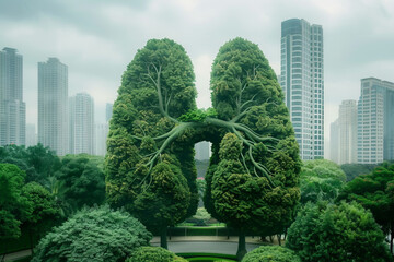 The contrast of nature and urban development, with a park shaped like human lungs made entirely of green trees, surrounded by the city skyline. - obrazy, fototapety, plakaty