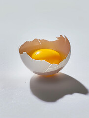 Cracked open egg with yolk on white background. Close-up studio photography. Healthy food and cooking concept for design and print.