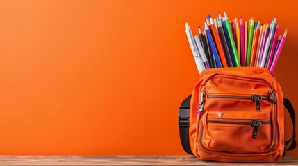 Educational banner design with school bag and stationery supplies on orange background - obrazy, fototapety, plakaty