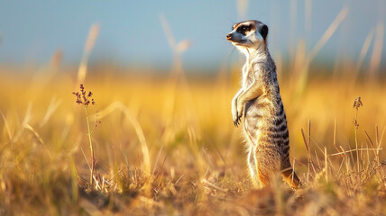 Playful meerkat standing tall on its hind legs. - Powered by Adobe
