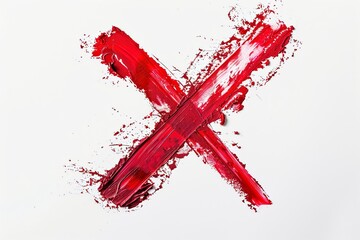 X mark painted by red lipstick, isolated on white - obrazy, fototapety, plakaty