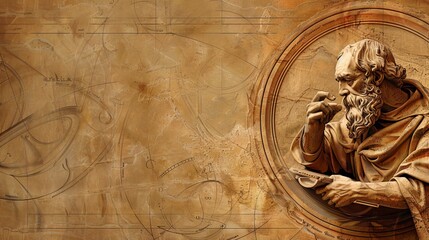 ancient greek philosopher in circular frame, copy space - obrazy, fototapety, plakaty