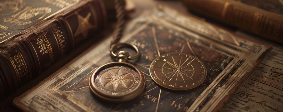A bronze Masonic compass and square emblem positioned with aged leather-bound books and parchment scrolls in the background.