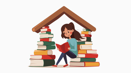 Cartoon girl reading a book with pile of books formin