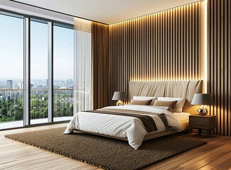 Modern bedroom interior with a panoramic window, wooden wall and floor, bed 