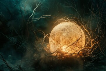 Surreal composition of an orb-like object surrounded by delicate flames against a mysterious dark background, creating an otherworldly and ethereal ambiance.