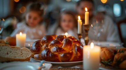 Jewish happy family have a dinner with candles and challah bread on the table, blurry background. Traditional Jewish holiday concept. Generative ai