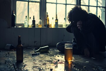 A person gazes into their reflection in a glass of alcohol amidst discarded bottles, symbolizing the turmoil and inner conflict of alcoholism. - obrazy, fototapety, plakaty