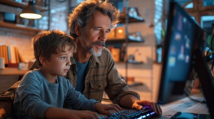 Happy family father and son playing a PC game together with gaming console, digital native, Gen Alpha. Generative ai