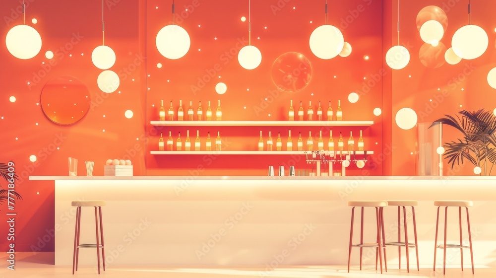 Poster a bar with a white counter and stools in front of it, ai