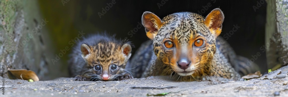 Poster jaguarundi and adorable kitten portrait with empty text space on the left and an object on the right