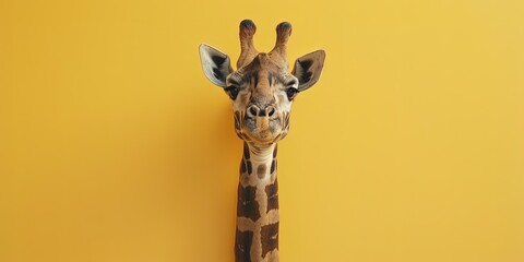 Giraffe head wild animal on yellow background - obrazy, fototapety, plakaty