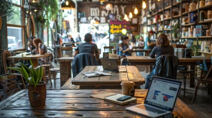 Naklejka na ściany i meble Laptops and notebooks on wooden tables in trendy café interior, diverse group of freelancers collaborating in background. Online work environment. Generative ai