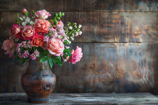 A vintage-style vase filled with a stylish floral arrangement, positioned against a rustic wooden backdrop to create a timeless and elegant image of blooming flowers.