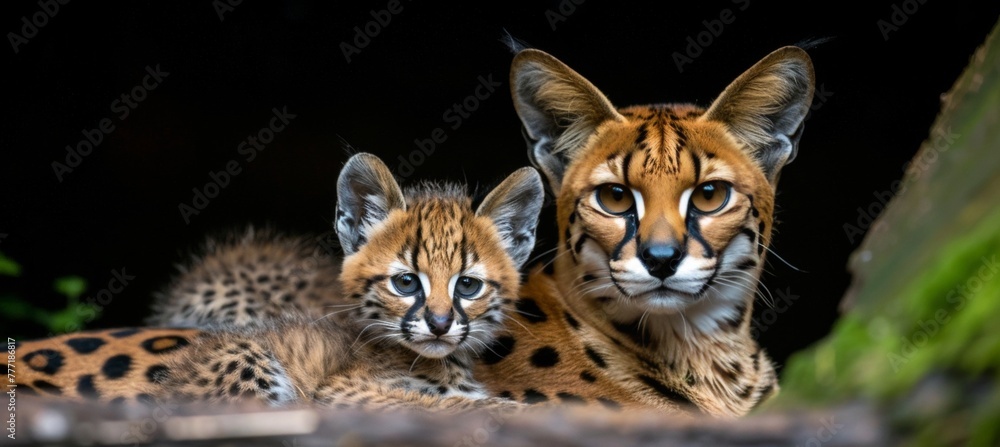 Poster male serval and kitten portrait with empty left space, object on right for versatile text inclusion