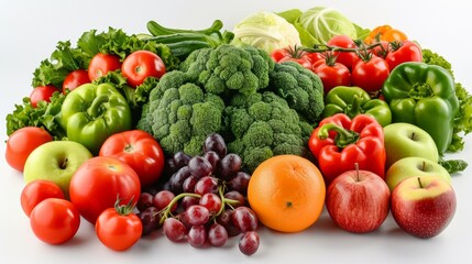 A pile of fruits and vegetables are arranged on a white background, AI