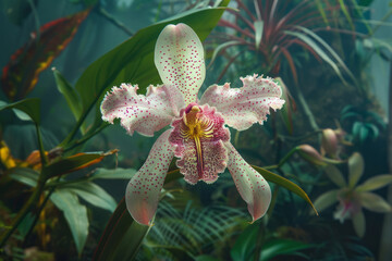 A stunning orchid displayed in a botanical conservatory, focusing on the intricate details of the delicate blossoms against a backdrop of lush greenery for a sense of ethereal beauty.
