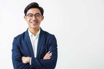 Happy Asian young businessman standing cross armed on white background  businessman