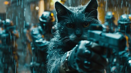 A cat with a gun in the rain, surrounded by soldiers, AI