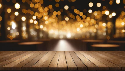 Fototapeten empty wood table top on blur light gold bokeh of cafe restaurant in dark background © netsay