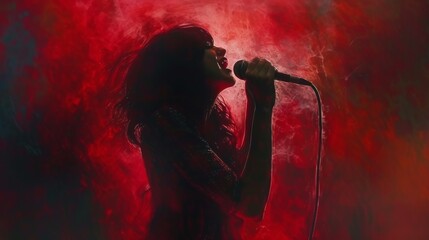 A woman singing into a microphone in front of red smoke, AI