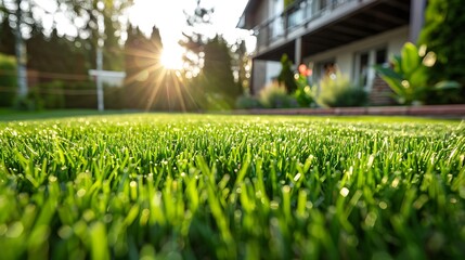Freshly cut grass in the backyard of a house