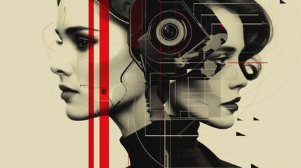 A woman with headphones on her head and a man behind, AI