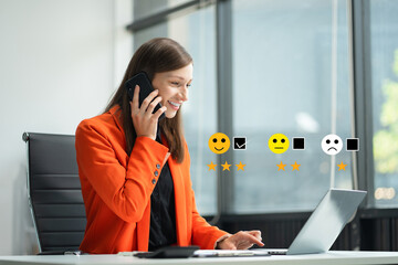 Happy Client customer experience concept. Woman recording phone inquiry with checkboxes, smiling...