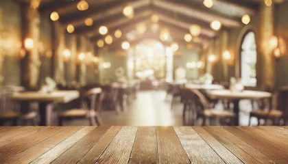 Gordijnen empty wood table top on blur light gold bokeh of cafe restaurant in dark background © netsay