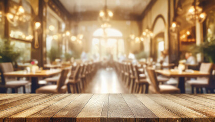 Fototapeta na wymiar empty wood table top on blur light gold bokeh of cafe restaurant in dark background