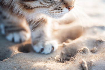 Cat walking on a sunny beach sand.