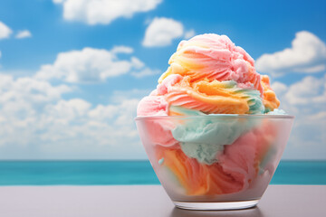 Rainbow ice cream on the beach. Colorful delight of rainbow ice cream against the backdrop of a serene beach setting. - 777188079